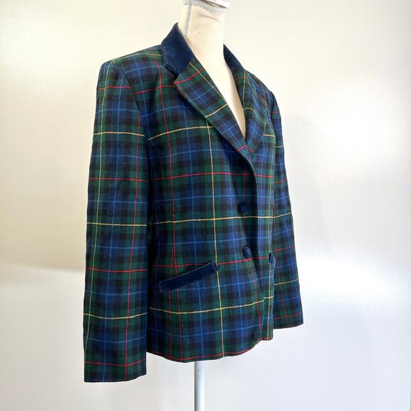 Pendleton Plaid Blazer Tuxedo Style Wool Velvet Trim Blue Jacket Tartan Punk - Picture 2 of 9